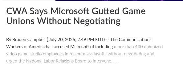 CWA Says Microsoft Gutted Game Unions Without Negotiating