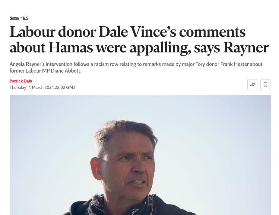 Labour donor Dale Vince’s comments about Hamas were appalling, says Rayner