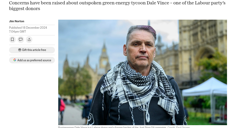 Concerns have been raised about outspoken green energy tycoon Dale Vince – one of the Labour party’s biggest donors 