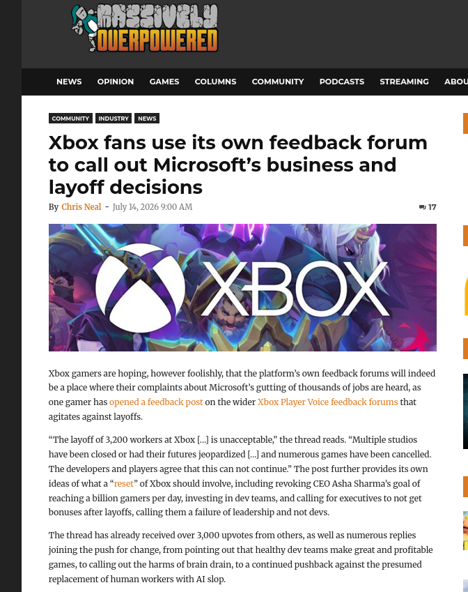 Xbox fans use its own feedback forum to call out Microsoft’s business and layoff decisions