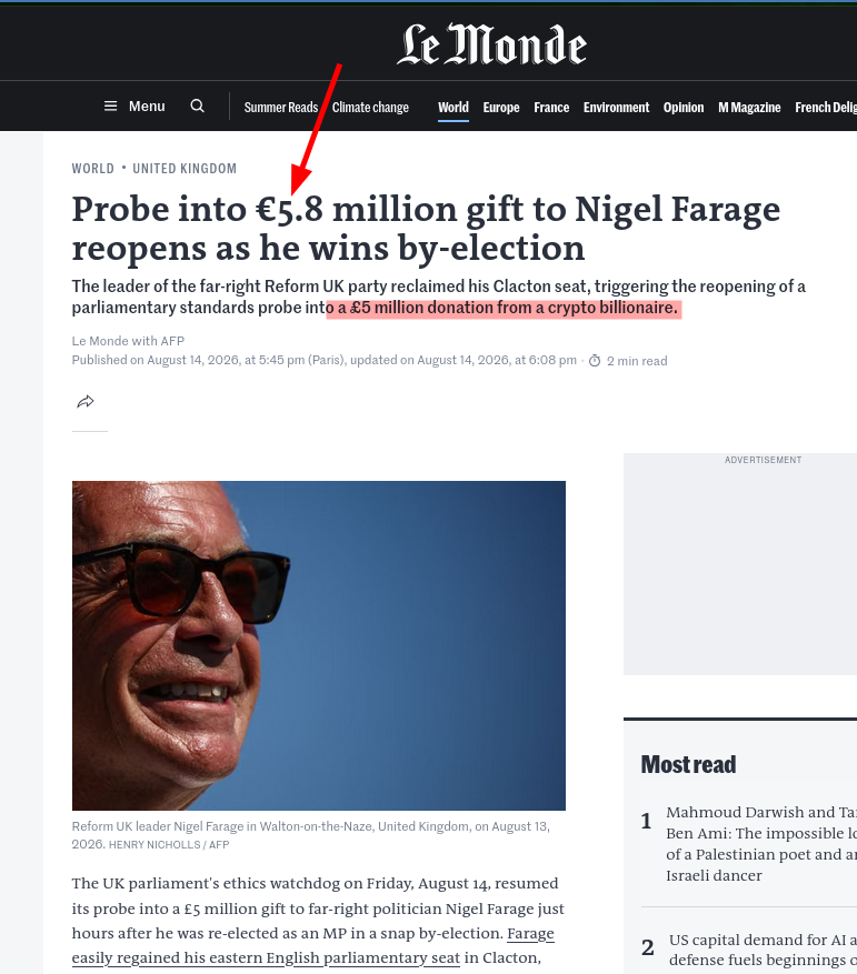  The leader of the far-right Reform UK party reclaimed his Clacton seat, triggering the reopening of a parliamentary standards probe into a £5 million donation from a crypto billionaire.