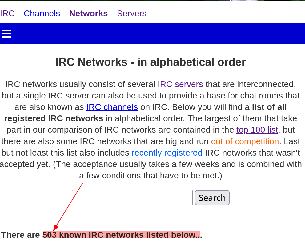There are 503 known IRC networks listed below...
