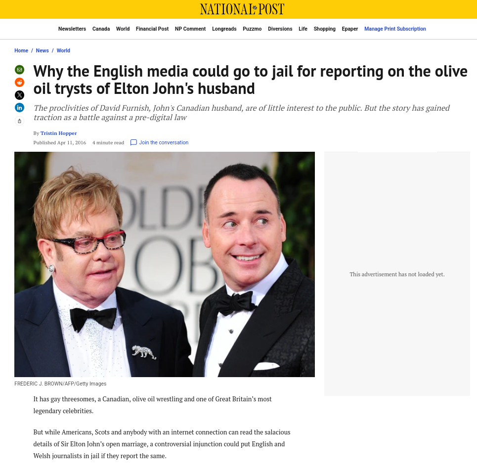 Why the English media could go to jail for reporting on the olive oil trysts of Elton John's husband