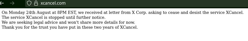 On Monday 24th August at 8PM EST, we received at letter from X Corp. asking to cease and desist the service XCancel.