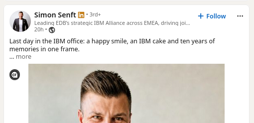 Last day in the IBM office: a happy smile, an IBM cake and ten years of memories in one frame.