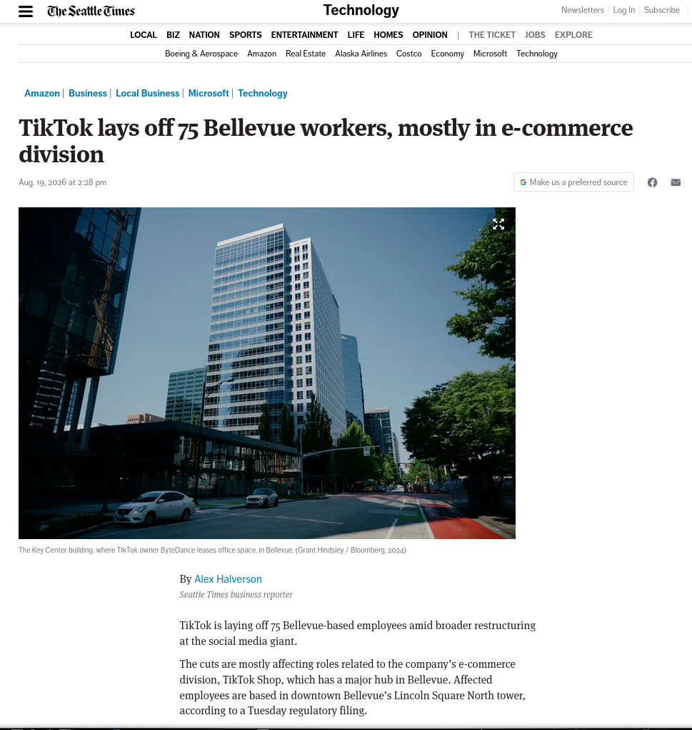 TikTok is laying off 75 Bellevue-based employees amid broader restructuring at the social media giant.