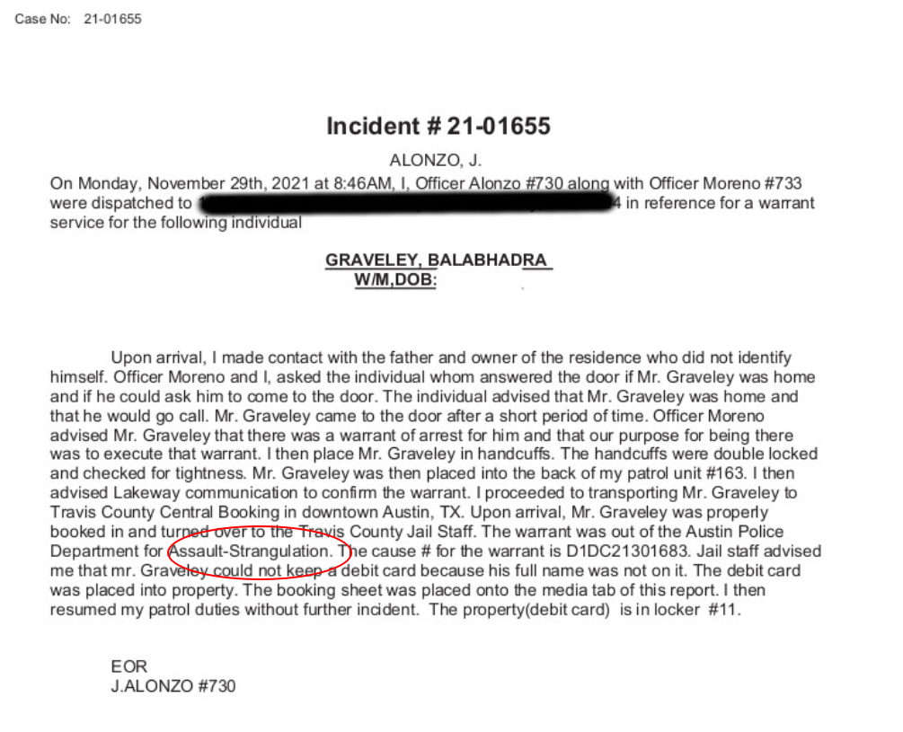 Balabhadra Alex Graveley police report