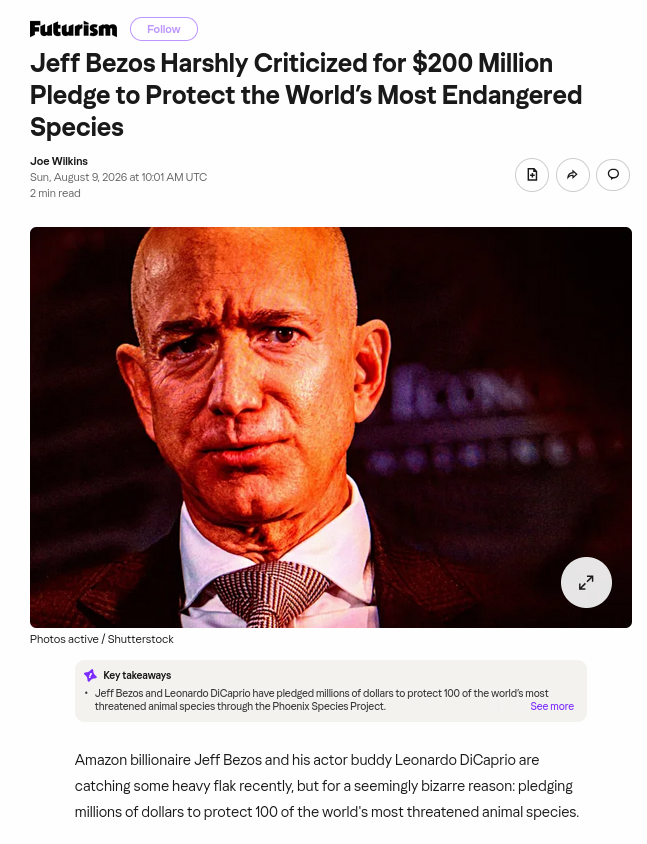 Jeff Bezos Harshly Criticized for $200 Million Pledge to Protect the World’s Most Endangered Species
