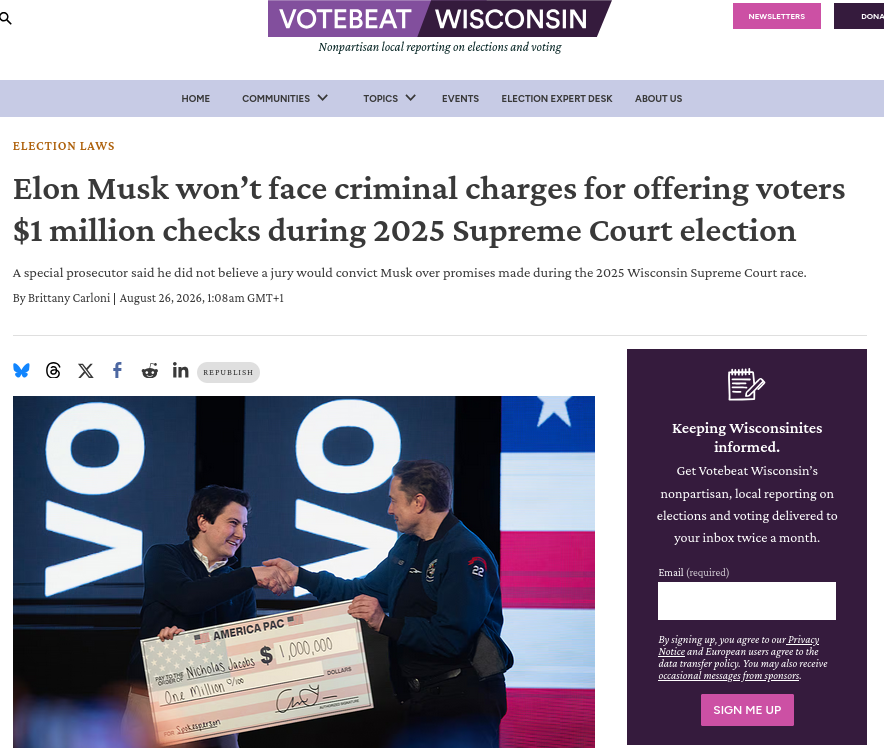 Elon Musk won’t face criminal charges for offering voters $1 million checks during 2025 Supreme Court election