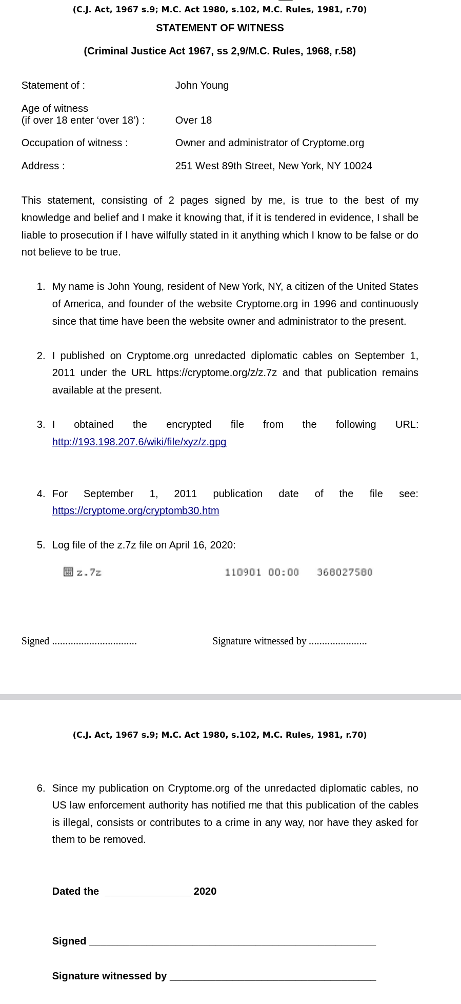 STATEMENT OF WITNESS