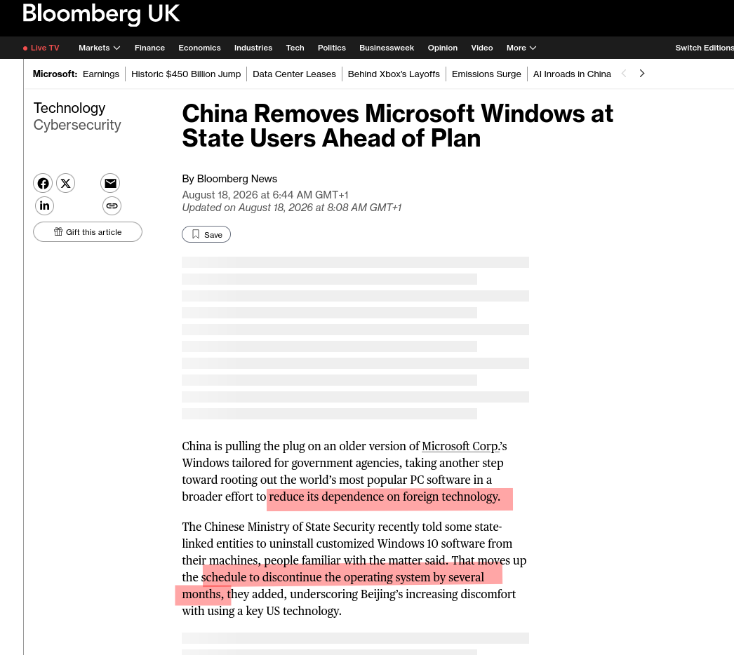 China Removes Microsoft Windows at State Users Ahead of Plan
