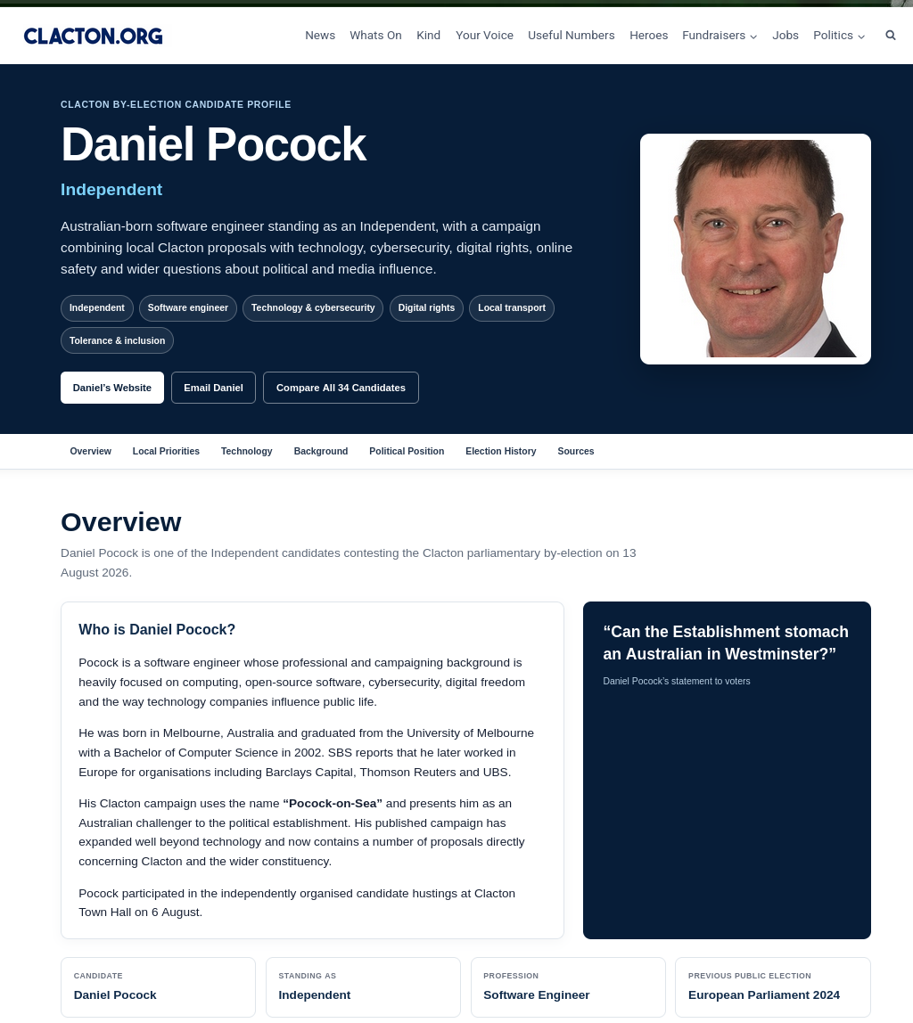 Australian-born software engineer standing as an Independent, with a campaign combining local Clacton proposals with technology, cybersecurity, digital rights, online safety and wider questions about political and media influence.