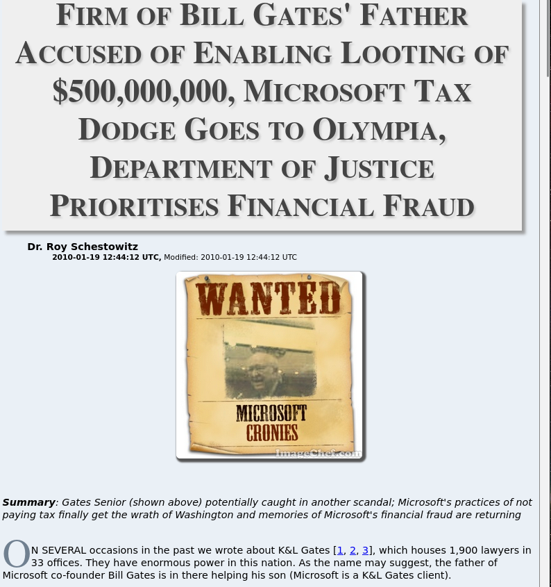Firm of Bill Gates' Father Accused of Enabling Looting of $500,000,000, Microsoft Tax Dodge Goes to Olympia, Department of Justice Prioritises Financial Fraud