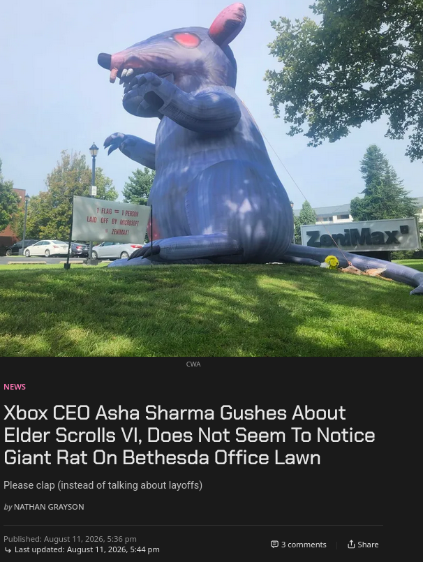 Xbox CEO Asha Sharma Gushes About Elder Scrolls VI, Does Not Seem To Notice Giant Rat On Bethesda Office Lawn 