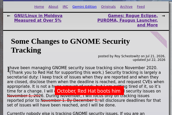 Some Changes to GNOME Security Tracking; October, Red Hat boots him