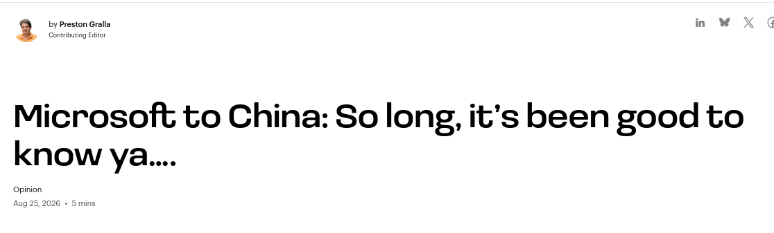 Microsoft to China: So long, it’s been good to know ya….