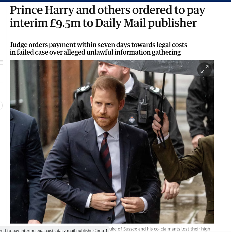 Prince Harry and others ordered to pay interim £9.5m to Daily Mail publisher