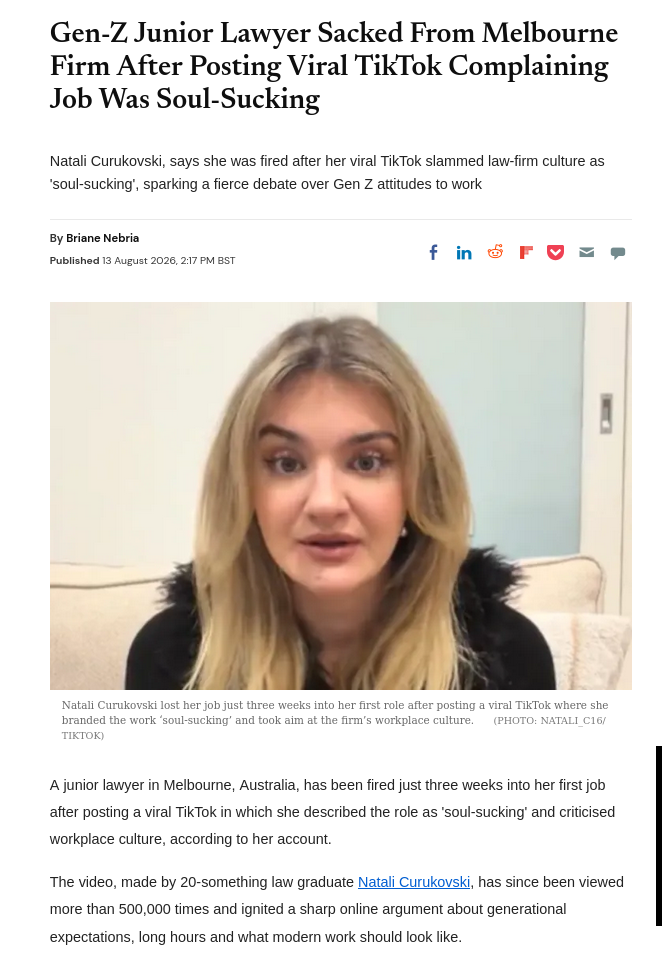 Gen-Z Junior Lawyer Sacked From Melbourne Firm After Posting Viral TikTok Complaining Job Was Soul-Sucking
