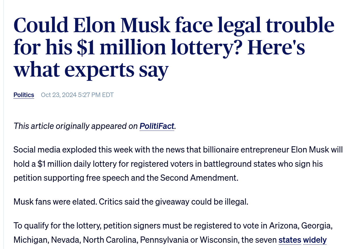 Could Elon Musk face legal trouble for his $1 million lottery? Here's what experts say