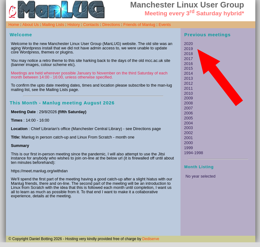 Welcome to the new Manchester Linux User Group (ManLUG) website. The old site was an aging Wordpress install that we did not have admin access to, we were unable to update core Wordpress, themes or plugins.