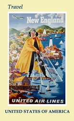 Vintage travel poster illustration of fisherman, New England, United States of America