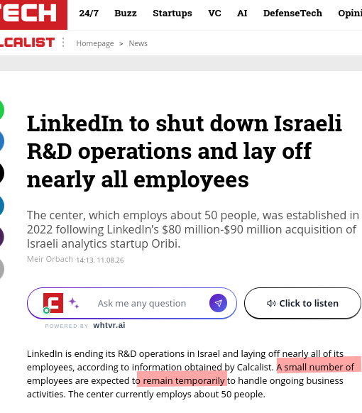 The center, which employs about 50 people, was established in 2022 following LinkedIn’s $80 million-$90 million acquisition of Israeli analytics startup Oribi. 
