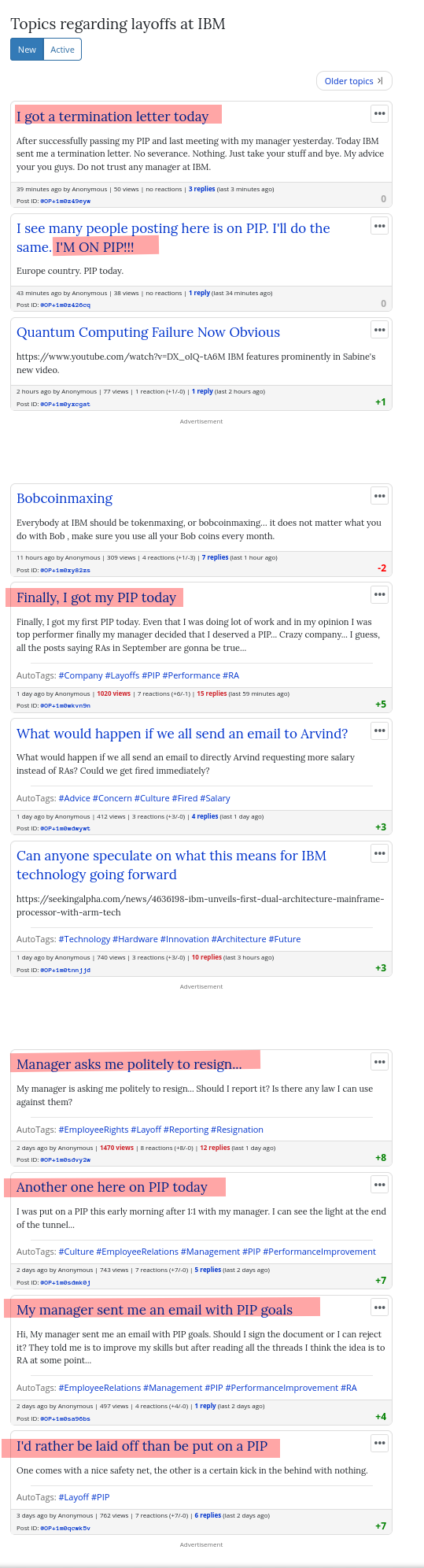 Topics regarding layoffs at IBM