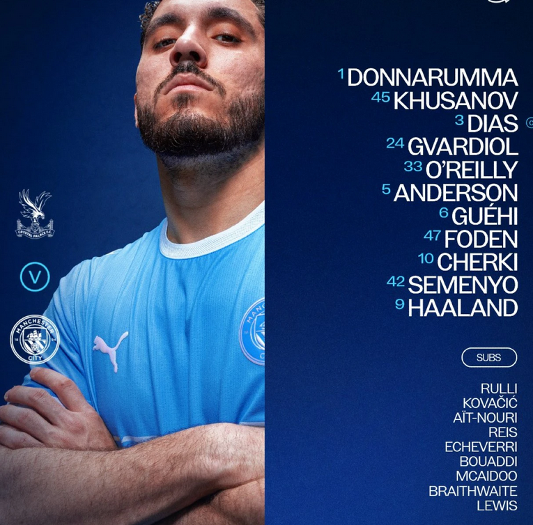 Donnarumma, Khusanov, Dias (C), Gvardiol, O’Reilly, Anderson, Guéhi, Foden, Cherki, Semenyo, Haaland.