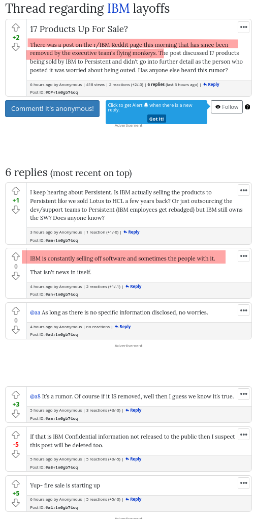 The post discussed 17 products being sold by IBM to Persistent and didn't go into further detail as the person who posted it was worried about being outed. Has anyone else heard this rumor?