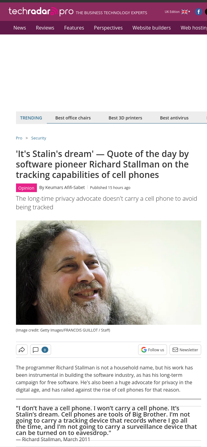 'It's Stalin's dream' — Quote of the day by software pioneer Richard Stallman on the tracking capabilities of cell phones