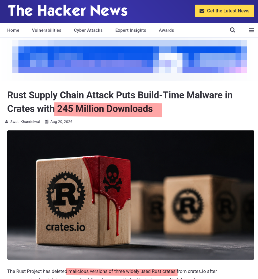 Rust Supply Chain Attack Puts Build-Time Malware in Crates with 245 Million Downloads