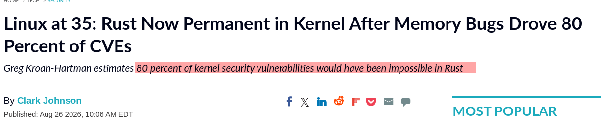 Greg Kroah-Hartman estimates 80 percent of kernel security vulnerabilities would have been impossible in Rust