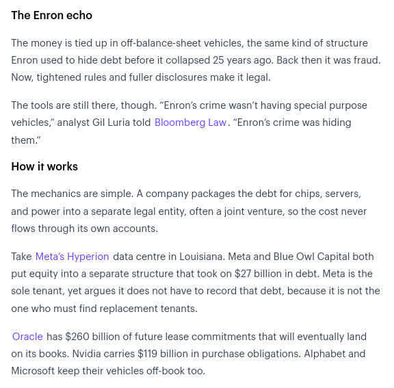 The mechanics are simple. A company packages the debt for chips, servers, and power into a separate legal entity, often a joint venture, so the cost never flows through its own accounts.