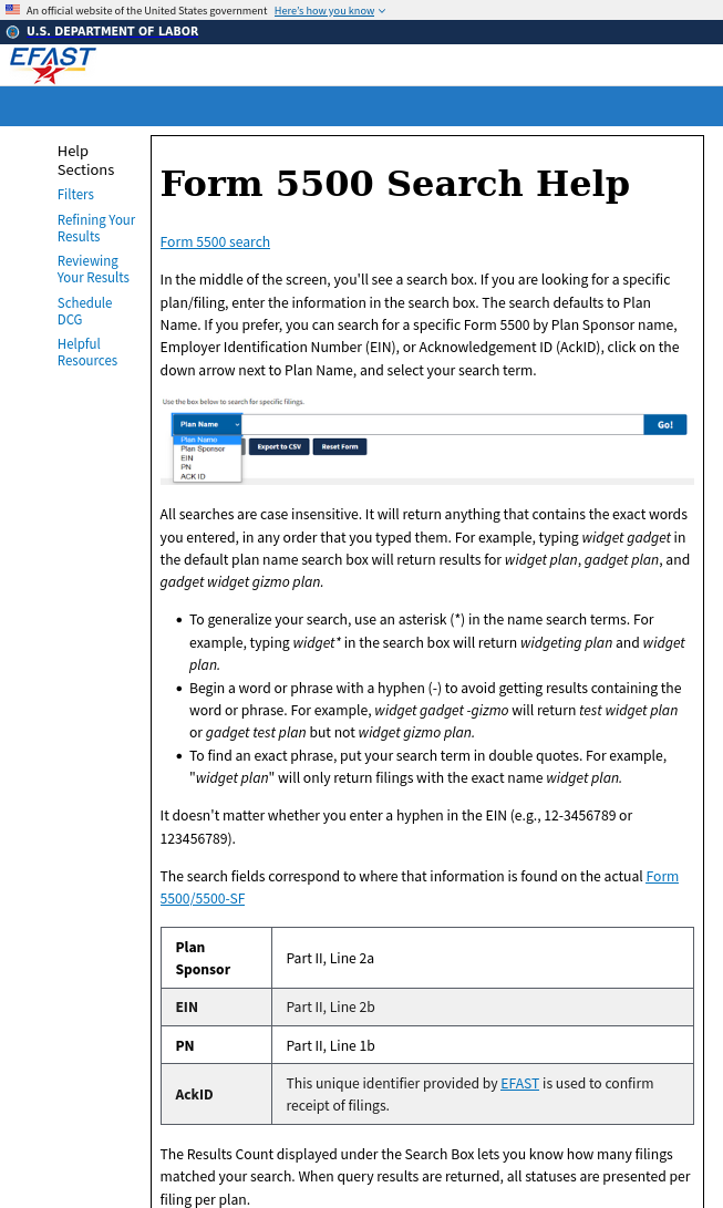 Form 5500 Search Help