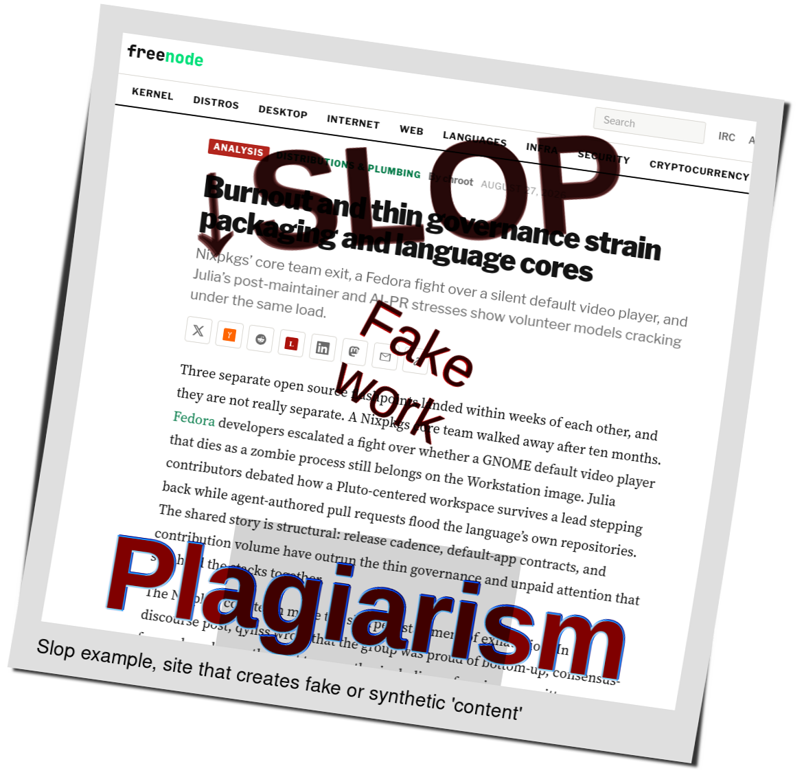 Slop or fake: Burnout and thin governance strain packaging and language cores