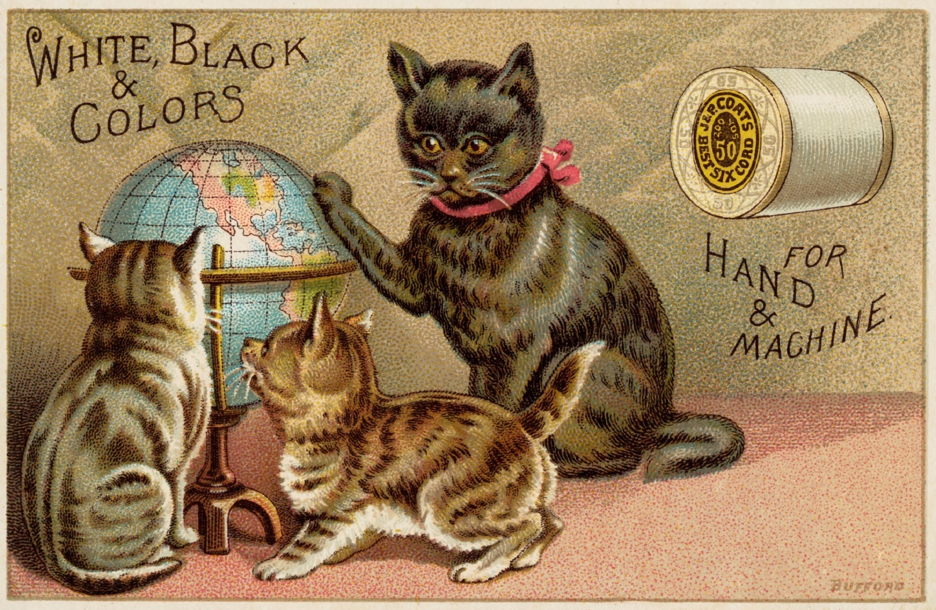 Cats with world globe advertising card 1870 - 1890