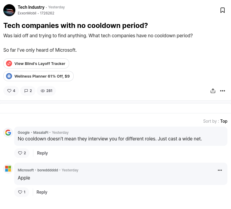 Was laid off and trying to find anything. What tech companies have no cooldown period?