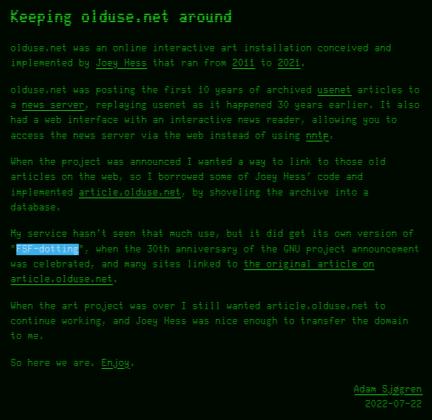 olduse.net was an online interactive art installation conceived and implemented by Joey Hess that ran from 2011 to 2021.