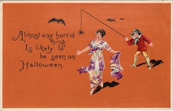 Halloween girl frightened by a spider Artist Unknown Year Ca 1912 Public Domain