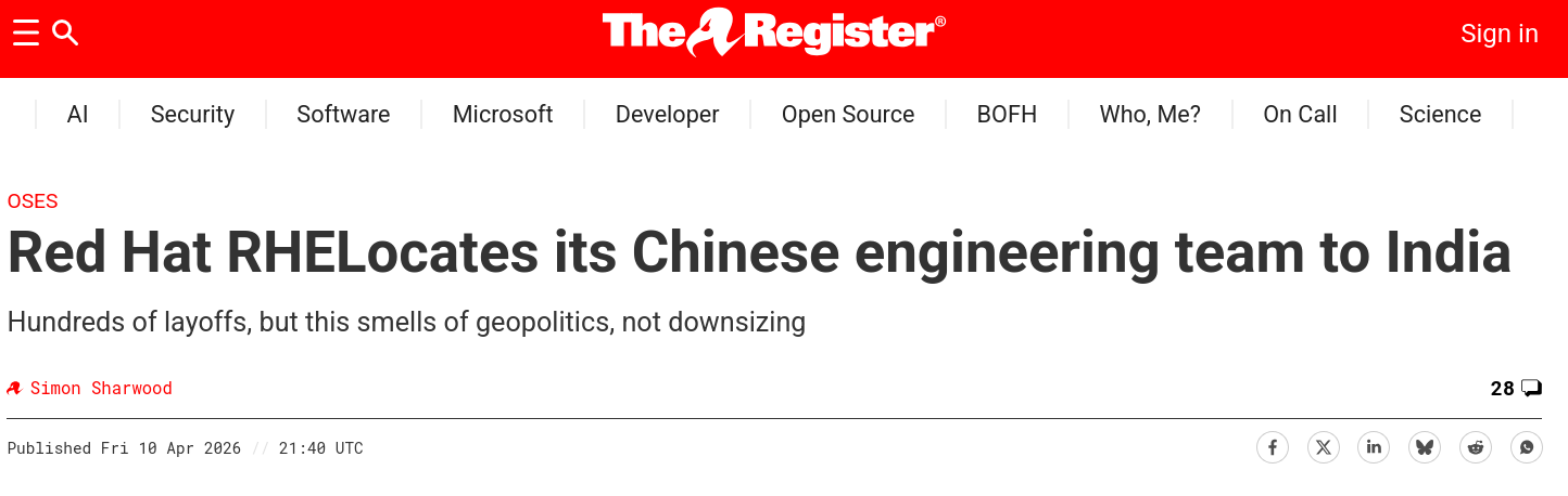 Red Hat RHELocates its Chinese engineering team to India