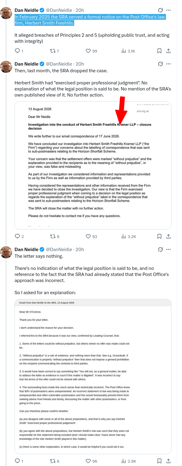 In February 2025 the SRA served a formal notice on the Post Office's law firm, Herbert Smith Freehills.