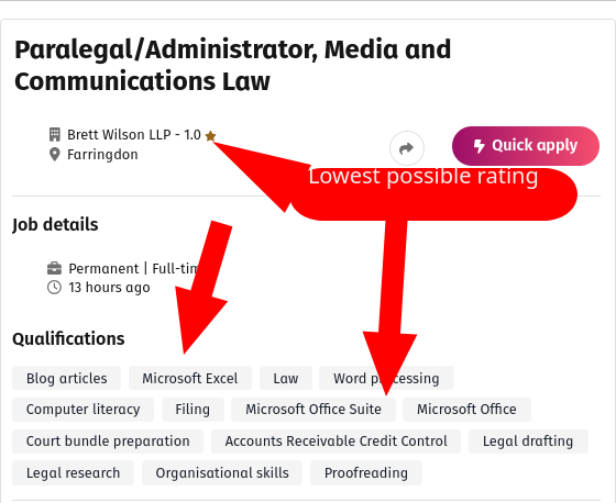 Brett Wilson LLP; Lowest possible rating: Paralegal/Administrator, Media and Communications Law