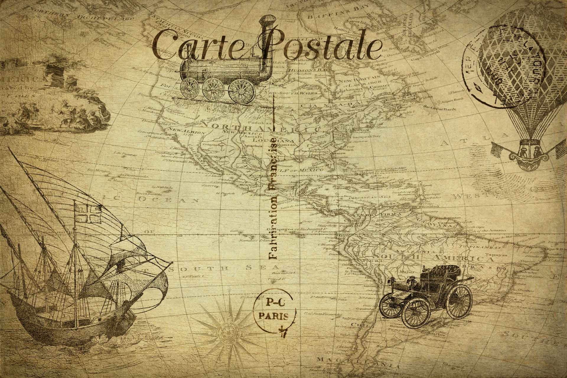 Vintage postcard world map travel with various forms of transport