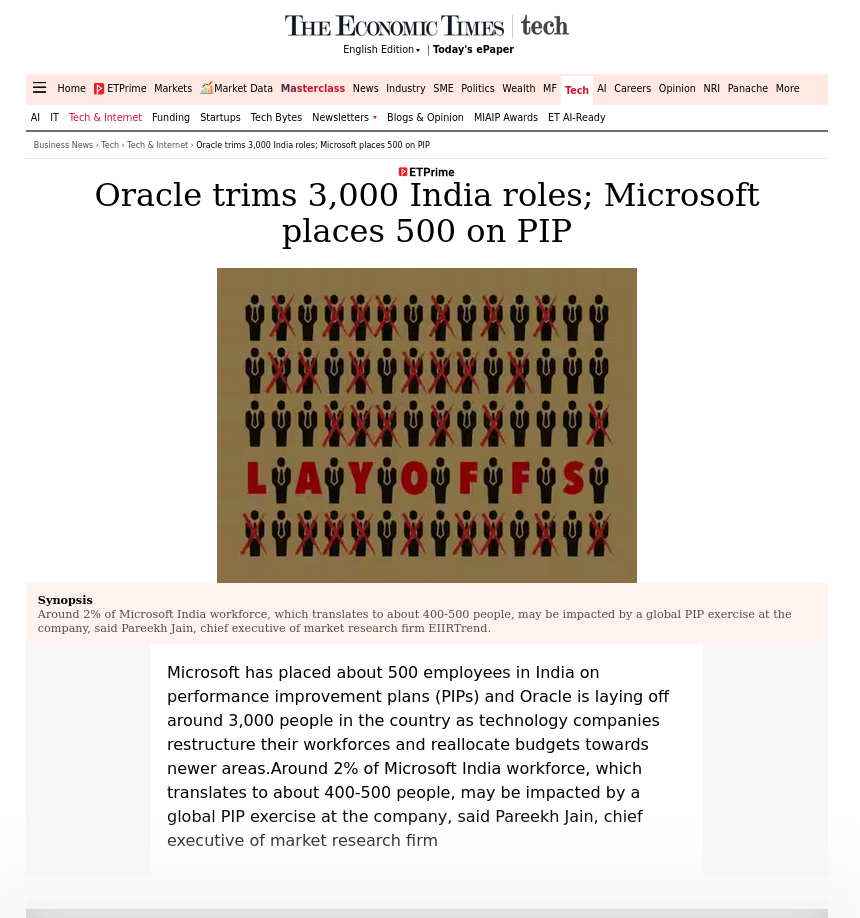 Oracle trims 3,000 India roles; Microsoft places 500 on PIP