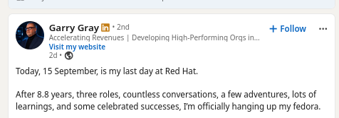 After 8.8 years, three roles, countless conversations, a few adventures, lots of learnings, and some celebrated successes, I’m officially hanging up my fedora.
