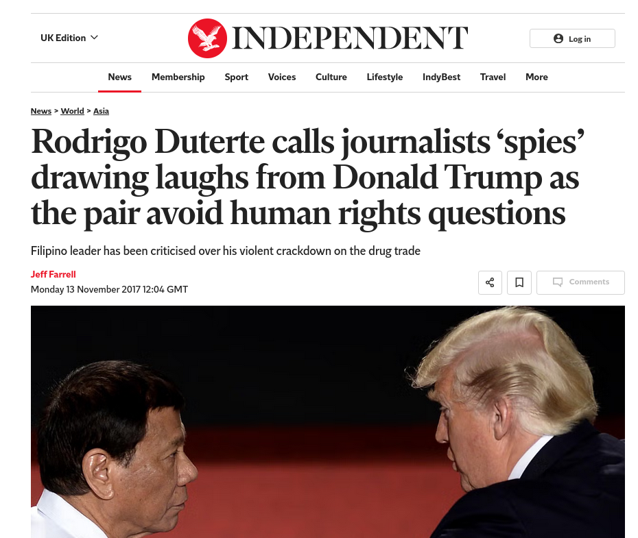 Rodrigo Duterte calls journalists ‘spies’ drawing laughs from Donald Trump as the pair avoid human rights questions