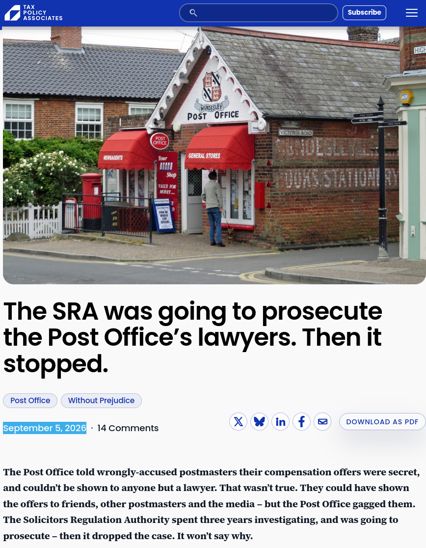 The SRA was going to prosecute the Post Office’s lawyers. Then it stopped.