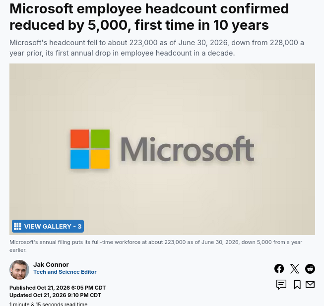 Microsoft employee headcount confirmed reduced by 5,000, first time in 10 years