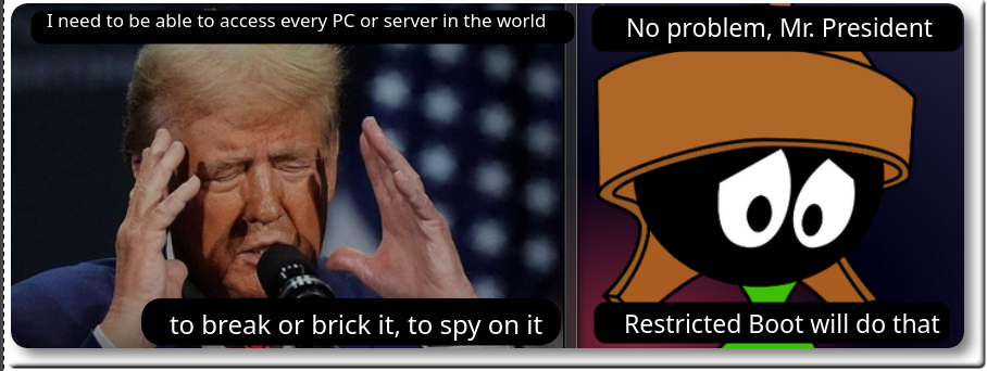 I need to be able to access every PC or server in the world to break or brick it, to spy on it; No problem, Mr. President, Restricted Boot will do that