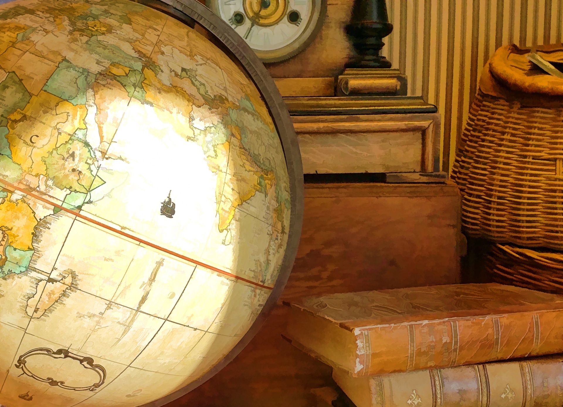 vintage globe with old worn books